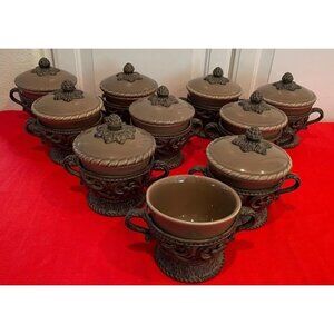 GRACIOUS GOODS GG Collection Brown Ceramic Bowl with Lid Ornate Leaf Motif Base